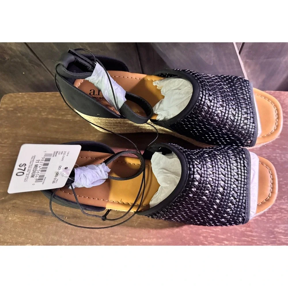 Boho Black Woven Espadrille Wedge Coastal Sandals Platform Ankle Strap Womens 11